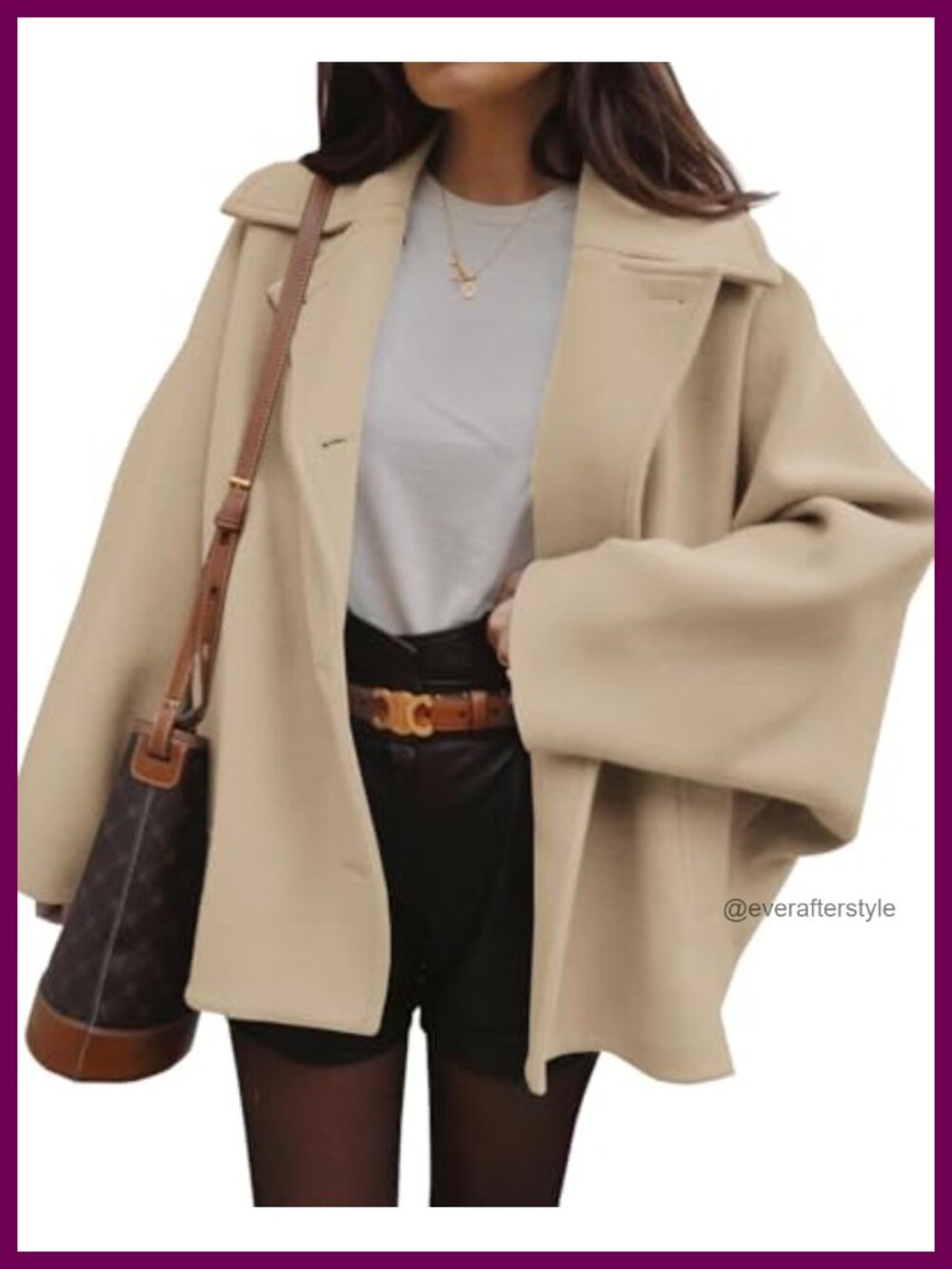 Womens Pea Coat Wool Blend Loose Fit Button Up Notch Lapel Long Sleeve